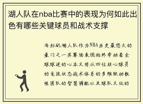 湖人队在nba比赛中的表现为何如此出色有哪些关键球员和战术支撑