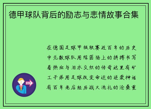 德甲球队背后的励志与悲情故事合集